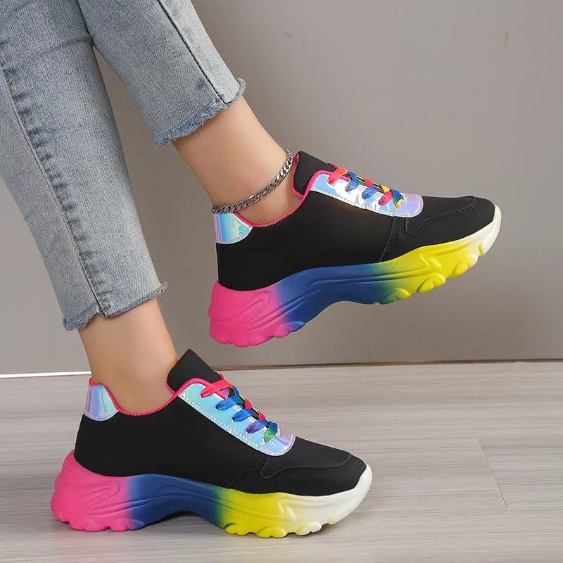 Style Rainbow Colour Sports Shoes For Women Thick Bottom Lace-up Sneakers Fashion Casual Lightweight Running Walking Shoes