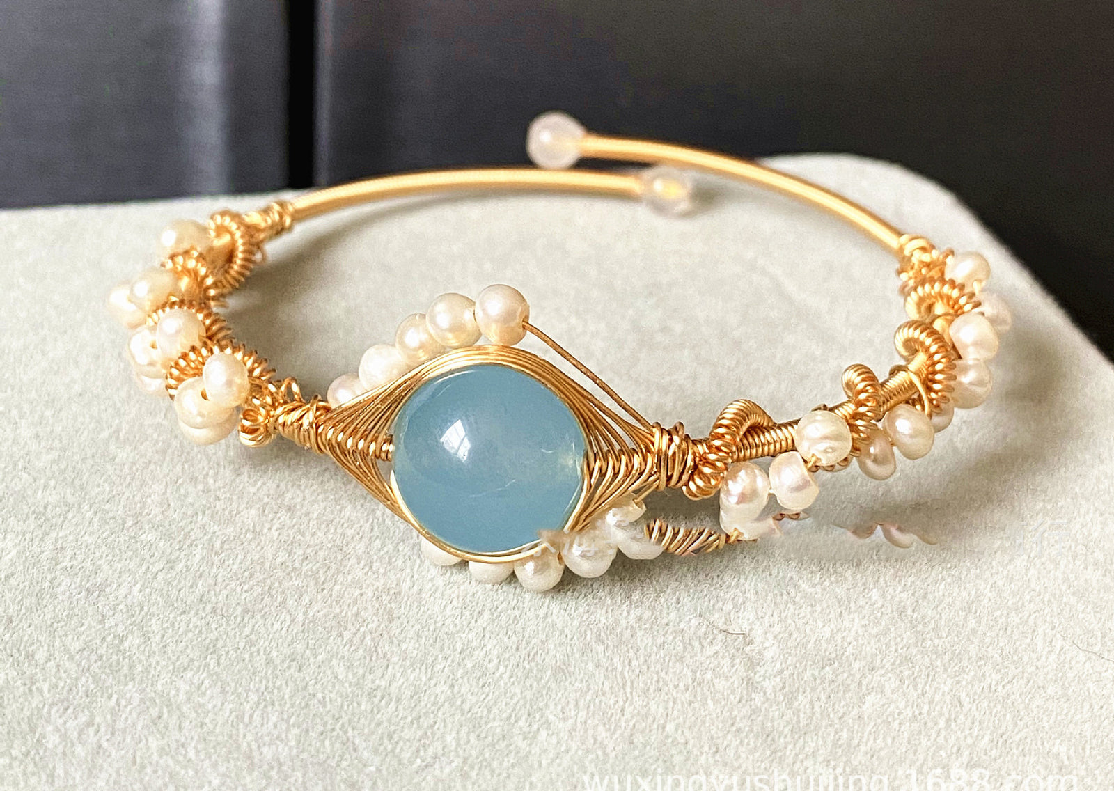 14K Gold Wrapped Handmade Bracelet Sapphire Natural White Pearl Bracelet