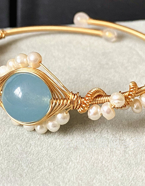 Load image into Gallery viewer, 14K Gold Wrapped Handmade Bracelet Sapphire Natural White Pearl Bracelet
