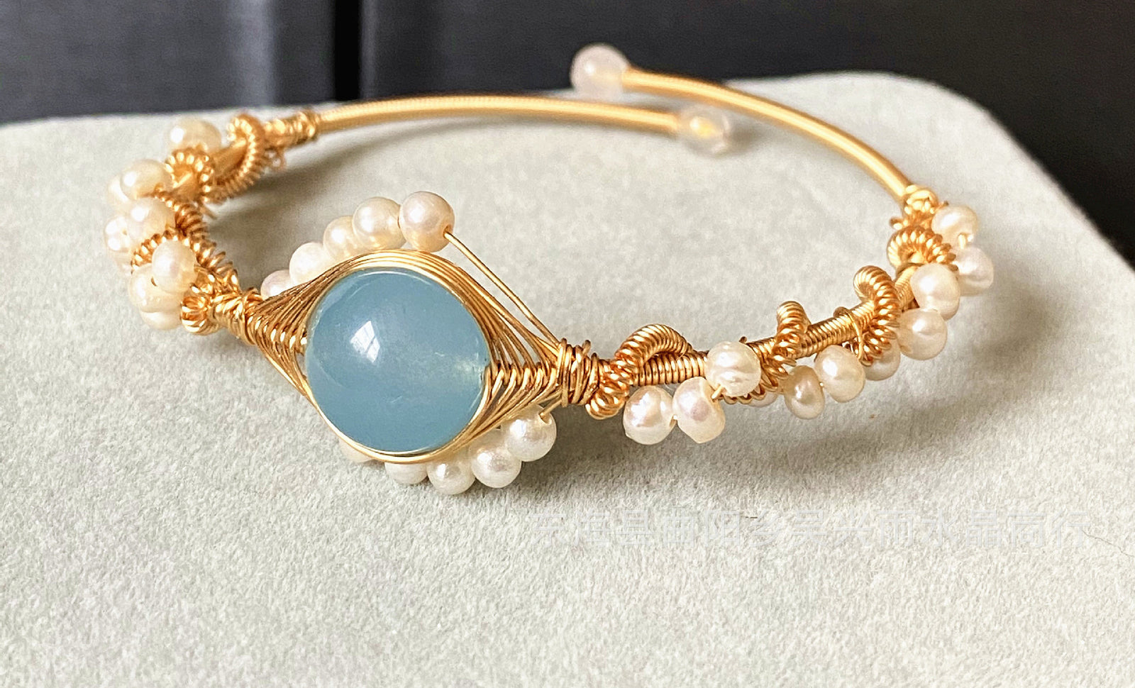 14K Gold Wrapped Handmade Bracelet Sapphire Natural White Pearl Bracelet