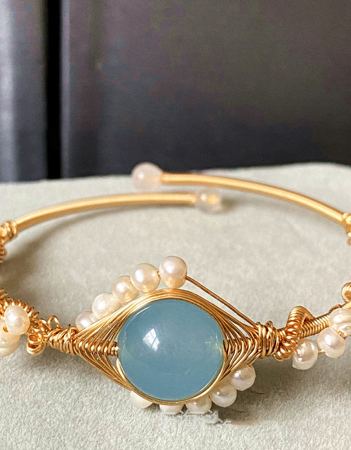 Load image into Gallery viewer, 14K Gold Wrapped Handmade Bracelet Sapphire Natural White Pearl Bracelet
