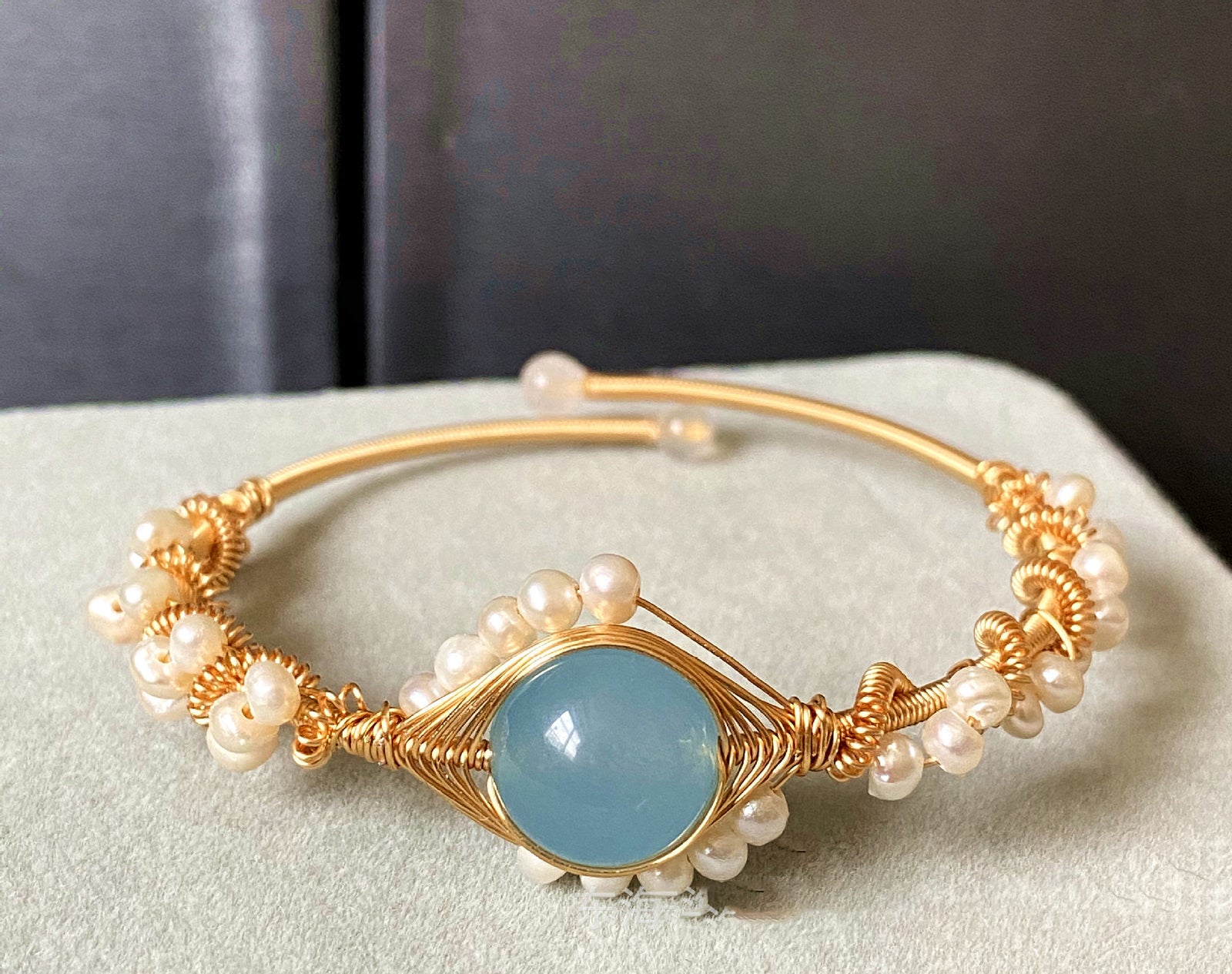 14K Gold Wrapped Handmade Bracelet Sapphire Natural White Pearl Bracelet