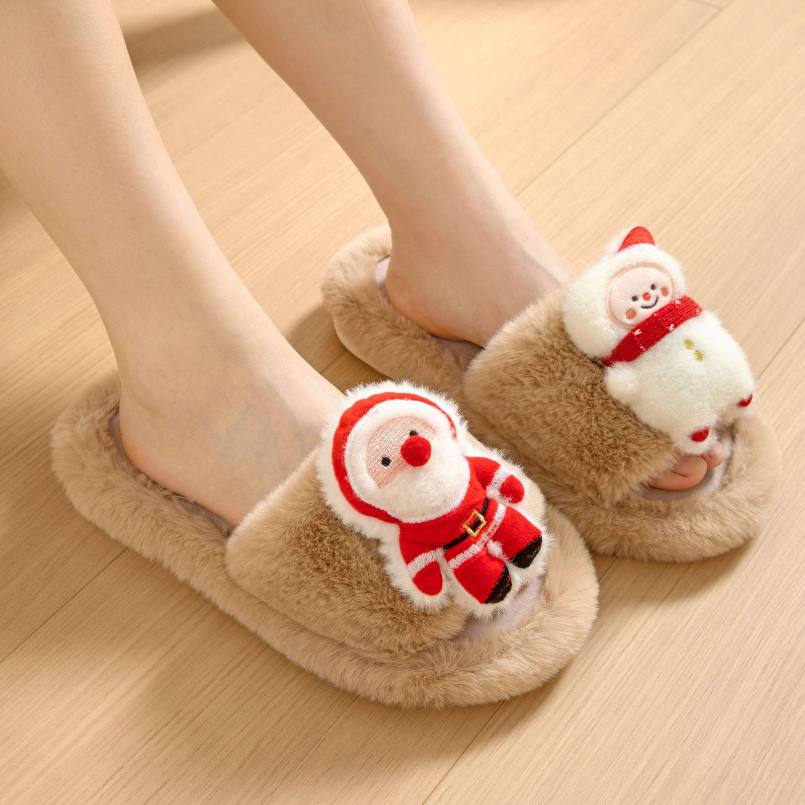 Christmas Shoes Santa Claus Open-toe Cotton Slippers Winter Home Indoor Floor Plush Warm Furry Slippers Women