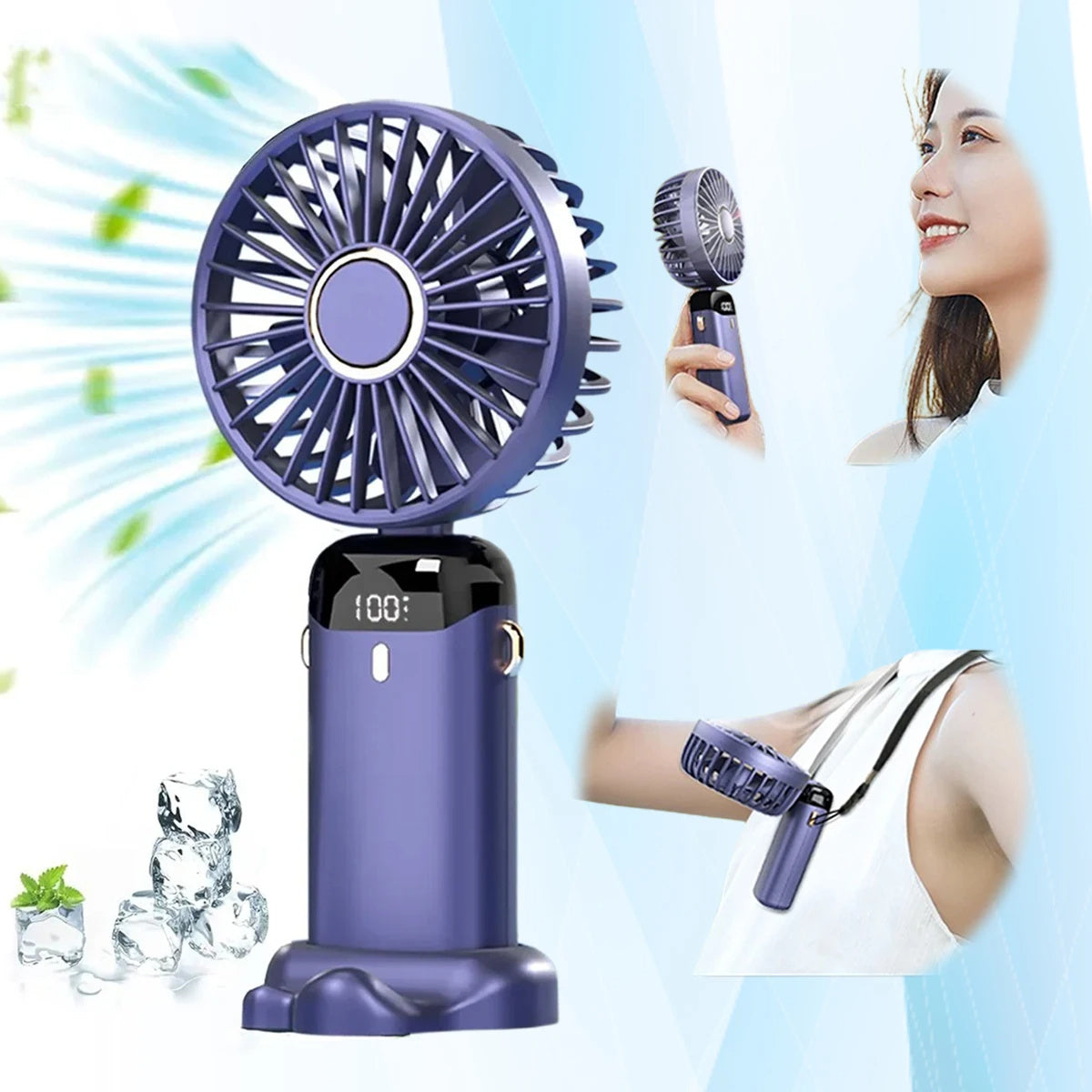 Handheld Electric Fan Foldable Neck Hanging Outdoor Fan Adjustable 5 Speed Powerful Air Cooler USB Rechargeable