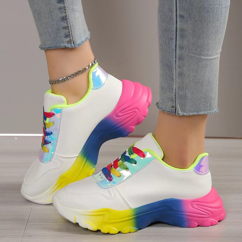 Style Rainbow Colour Sports Shoes For Women Thick Bottom Lace-up Sneakers Fashion Casual Lightweight Running Walking Shoes