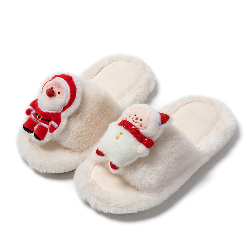 Christmas Shoes Santa Claus Open-toe Cotton Slippers Winter Home Indoor Floor Plush Warm Furry Slippers Women