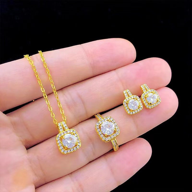 Fashion Jewellery Set Zircon Gem Pendant Chain Choker Necklace For Women Gold Colour Stud Earring Statement Wedding Ring