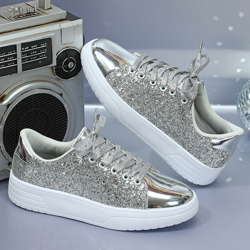 Glitter Sequin Design Flats Shoes Women Trendy Casual Thick-soled Lace-up Sneakers Fashion Shoes