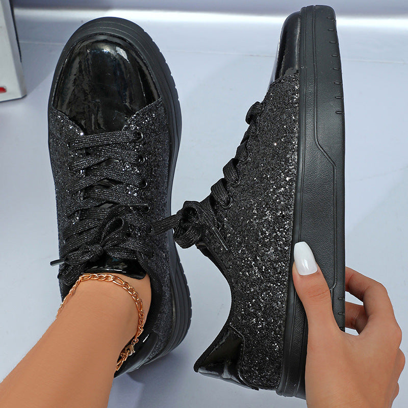 Glitter Sequin Design Flats Shoes Women Trendy Casual Thick-soled Lace-up Sneakers Fashion Shoes