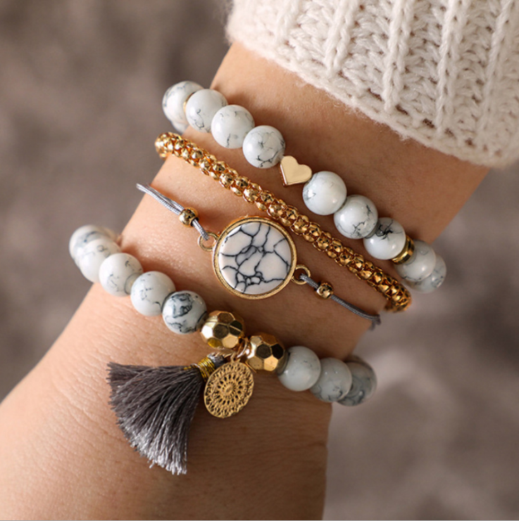 Geometric Creative Hollow Fringed Pine Stone Bracelet Four-Piece