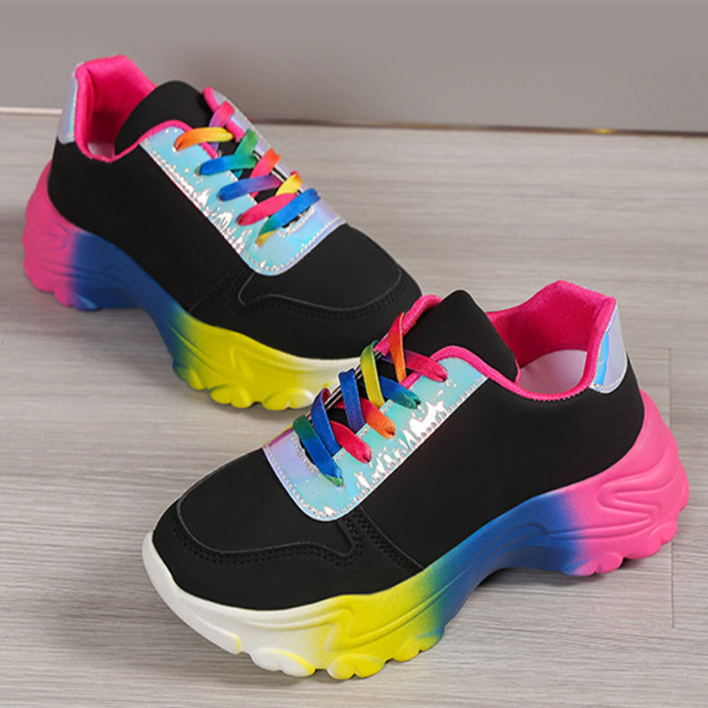 Style Rainbow Colour Sports Shoes For Women Thick Bottom Lace-up Sneakers Fashion Casual Lightweight Running Walking Shoes