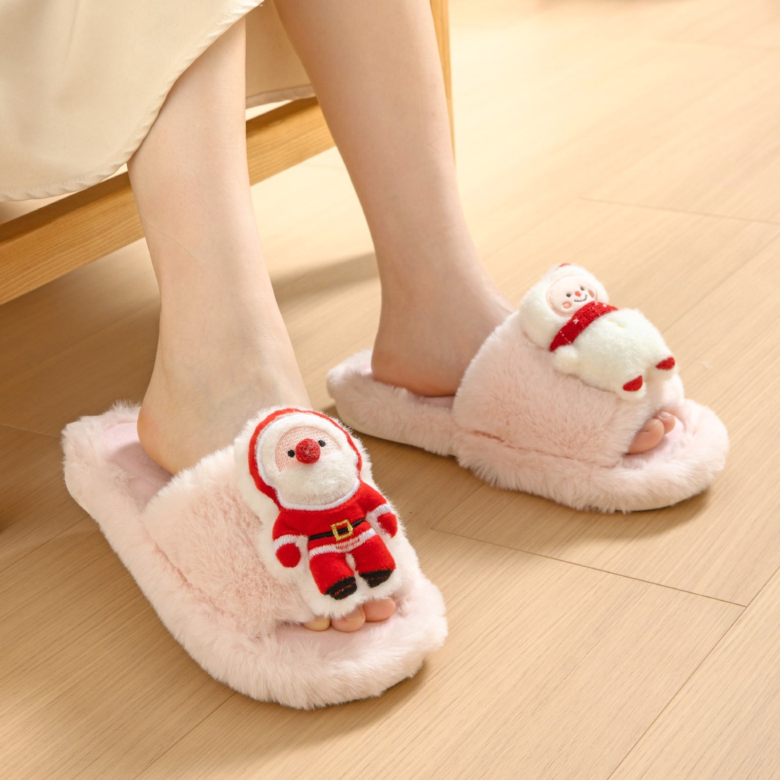 Christmas Shoes Santa Claus Open-toe Cotton Slippers Winter Home Indoor Floor Plush Warm Furry Slippers Women