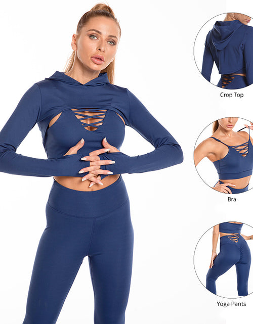 Load image into Gallery viewer, 3pcs Sports Suits Long Sleeve Hooded Top Hollow Design Camisole And Butt Lifting High Waist
