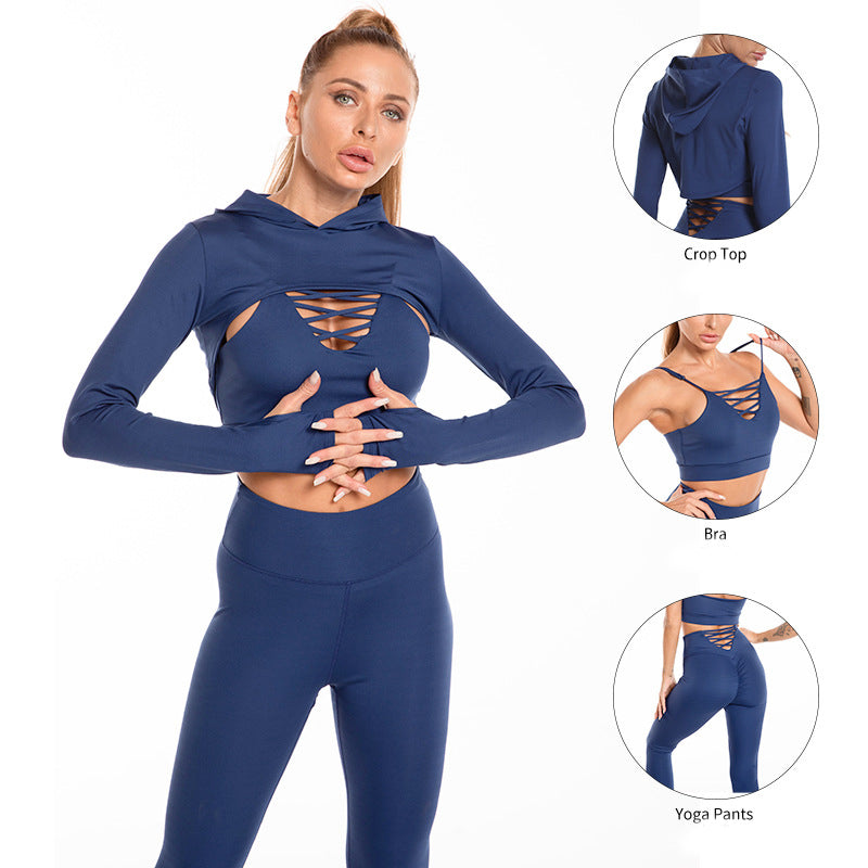 3pcs Sports Suits Long Sleeve Hooded Top Hollow Design Camisole And Butt Lifting High Waist