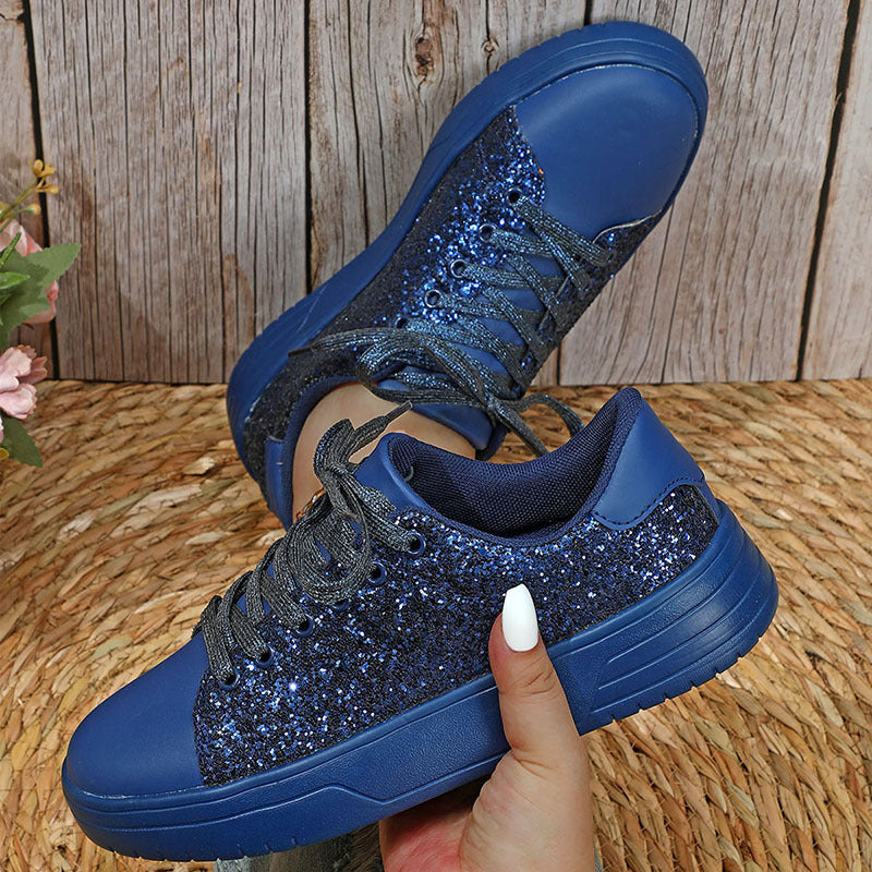 Glitter Sequin Design Flats Shoes Women Trendy Casual Thick-soled Lace-up Sneakers Fashion Shoes