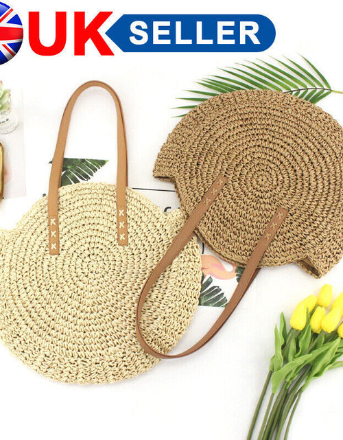 Load image into Gallery viewer, Women Boho Woven Handbag Summer Beach Tote Straw Bag Round Rattan Shoulder
