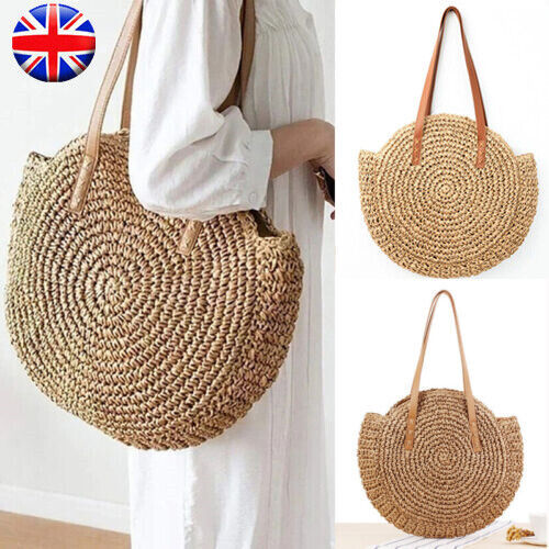 Load image into Gallery viewer, Women Boho Woven Handbag Summer Beach Tote Straw Bag Round Rattan Shoulder
