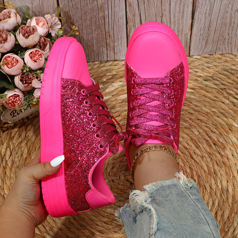 Glitter Sequin Design Flats Shoes Women Trendy Casual Thick-soled Lace-up Sneakers Fashion Shoes