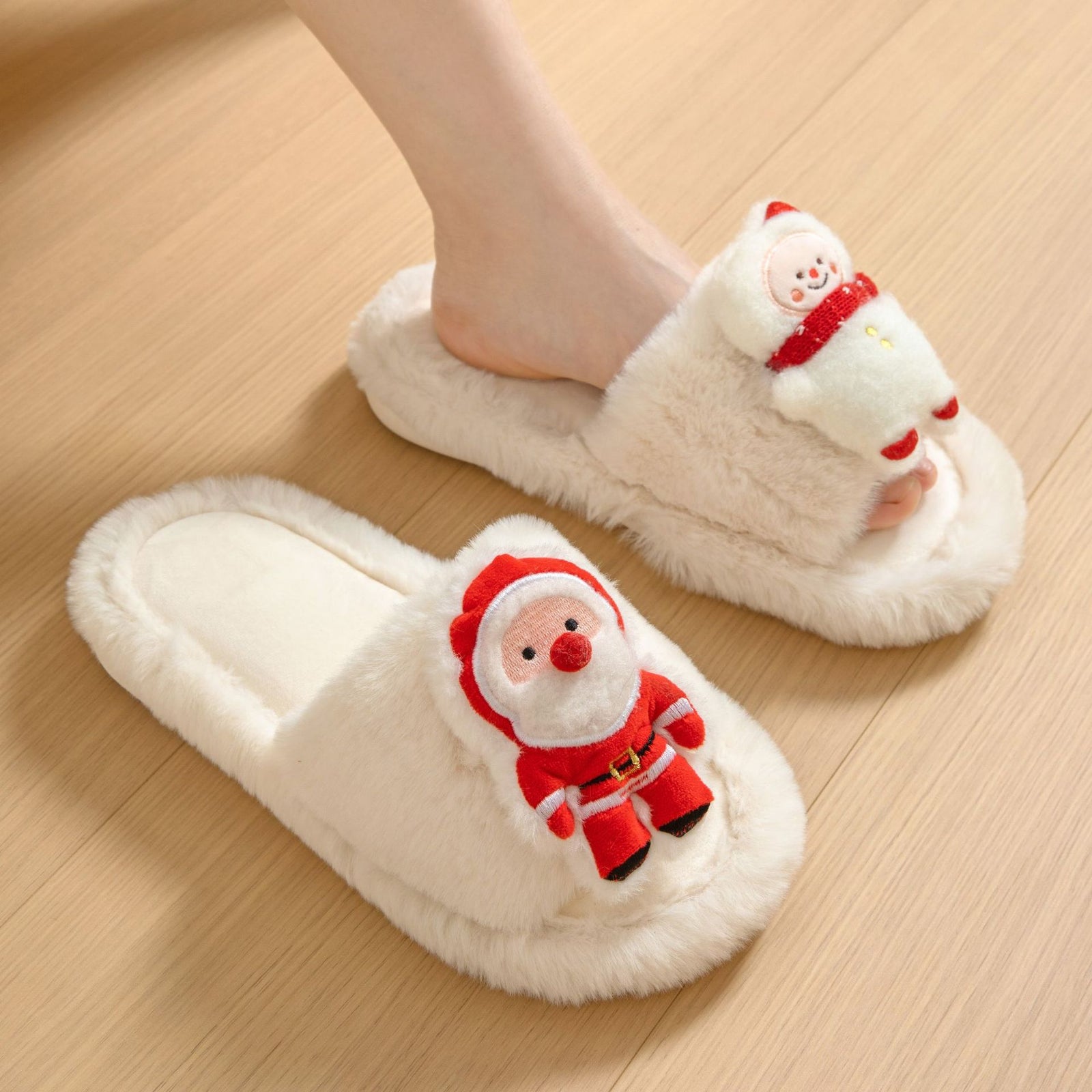 Christmas Shoes Santa Claus Open-toe Cotton Slippers Winter Home Indoor Floor Plush Warm Furry Slippers Women