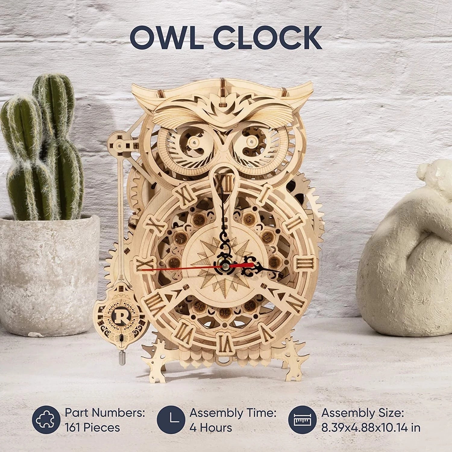 Robotime Rokr Creative DIY Toys 3D Owl Wooden Clock Building Block Kits Gifts Home Decoration