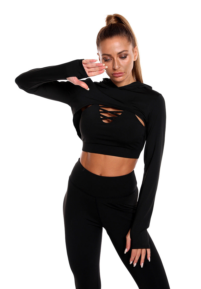 3pcs Sports Suits Long Sleeve Hooded Top Hollow Design Camisole And Butt Lifting High Waist