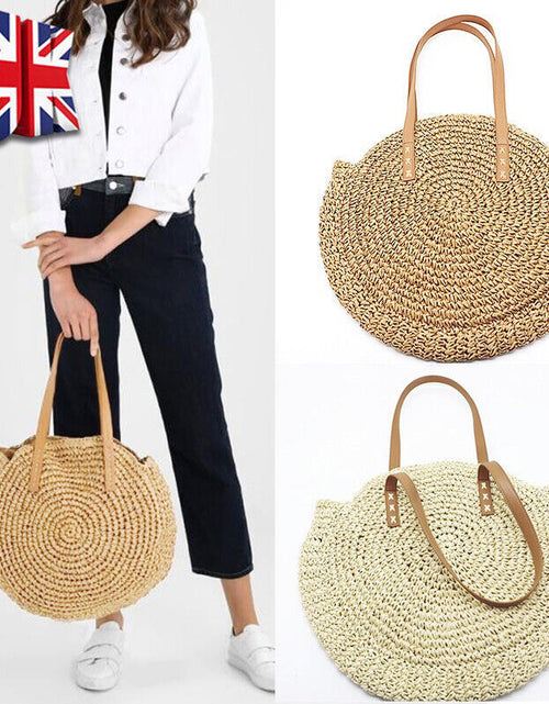 Load image into Gallery viewer, Women Boho Woven Handbag Summer Beach Tote Straw Bag Round Rattan Shoulder
