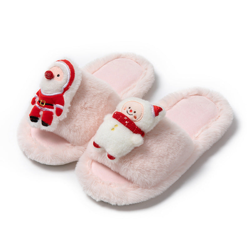 Christmas Shoes Santa Claus Open-toe Cotton Slippers Winter Home Indoor Floor Plush Warm Furry Slippers Women