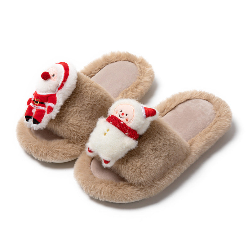 Christmas Shoes Santa Claus Open-toe Cotton Slippers Winter Home Indoor Floor Plush Warm Furry Slippers Women