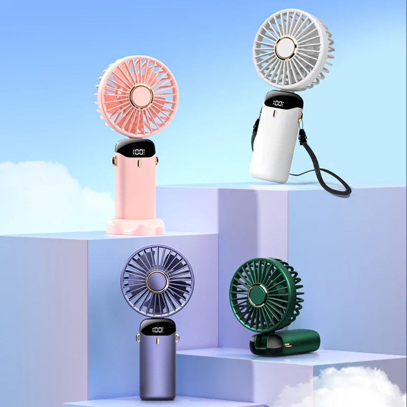 Handheld Electric Fan Foldable Neck Hanging Outdoor Fan Adjustable 5 Speed Powerful Air Cooler USB Rechargeable