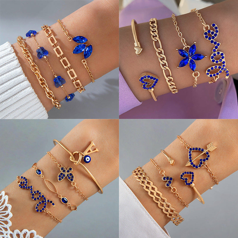 4pcs Blue Flower Love Butterfly Bracelet Set With Rhinestones Design