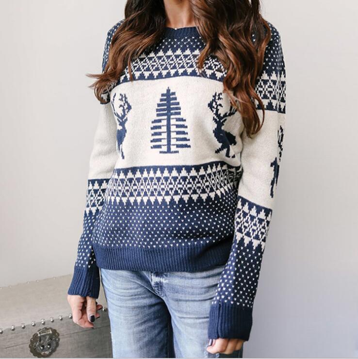 Christmas Sweater Cute Elk Geometric Print Knitted Sweater Woemen Winter Tops Clothes