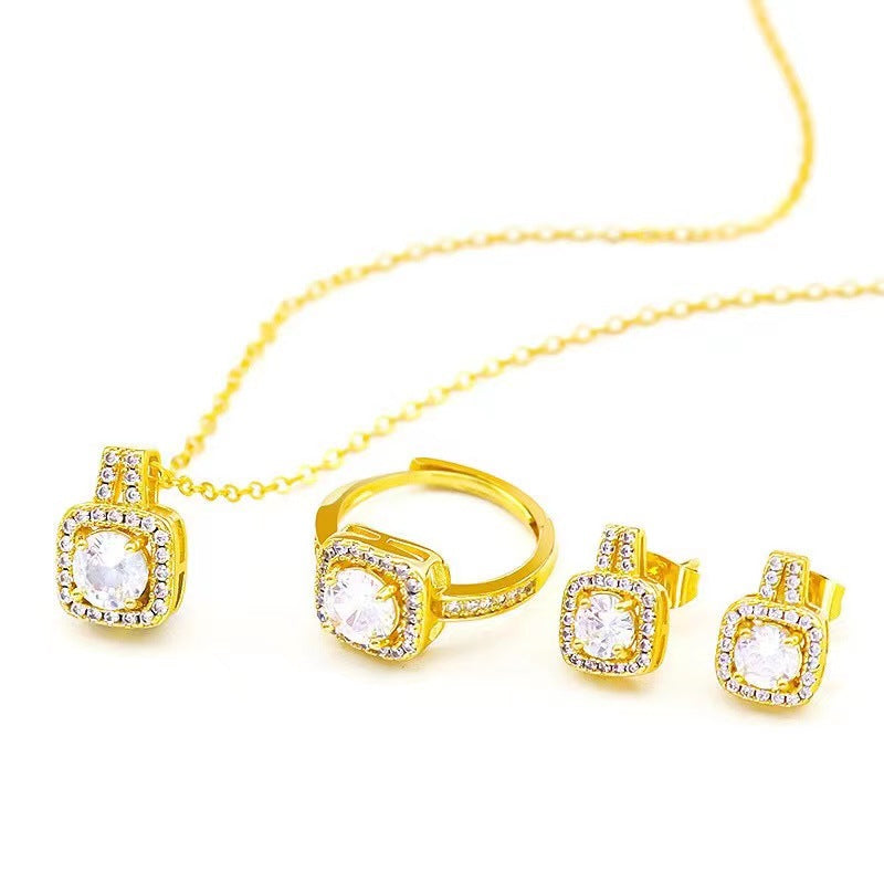 Fashion Jewellery Set Zircon Gem Pendant Chain Choker Necklace For Women Gold Colour Stud Earring Statement Wedding Ring