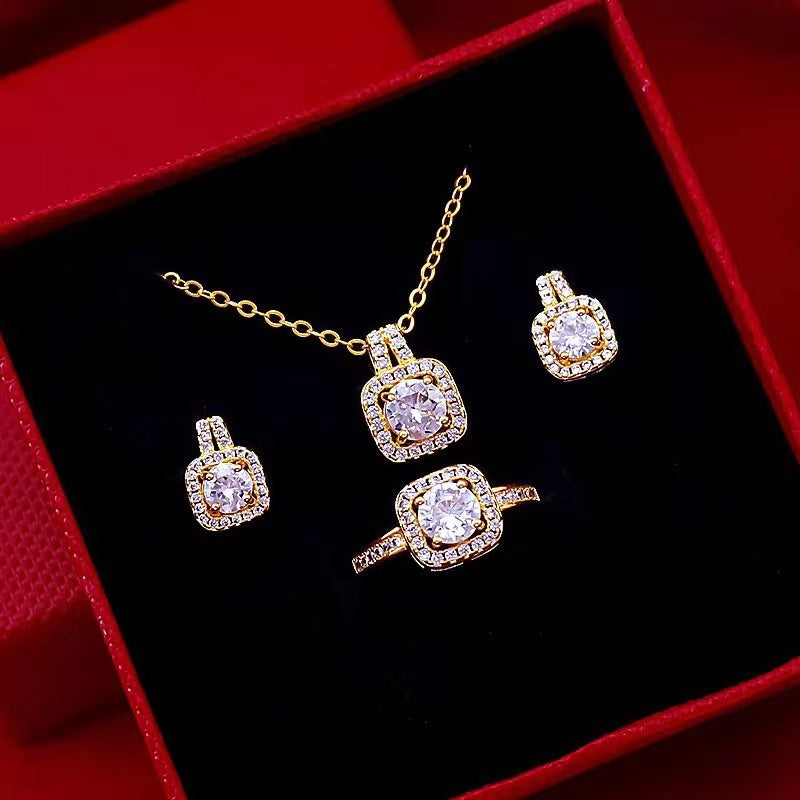 Fashion Jewellery Set Zircon Gem Pendant Chain Choker Necklace For Women Gold Colour Stud Earring Statement Wedding Ring