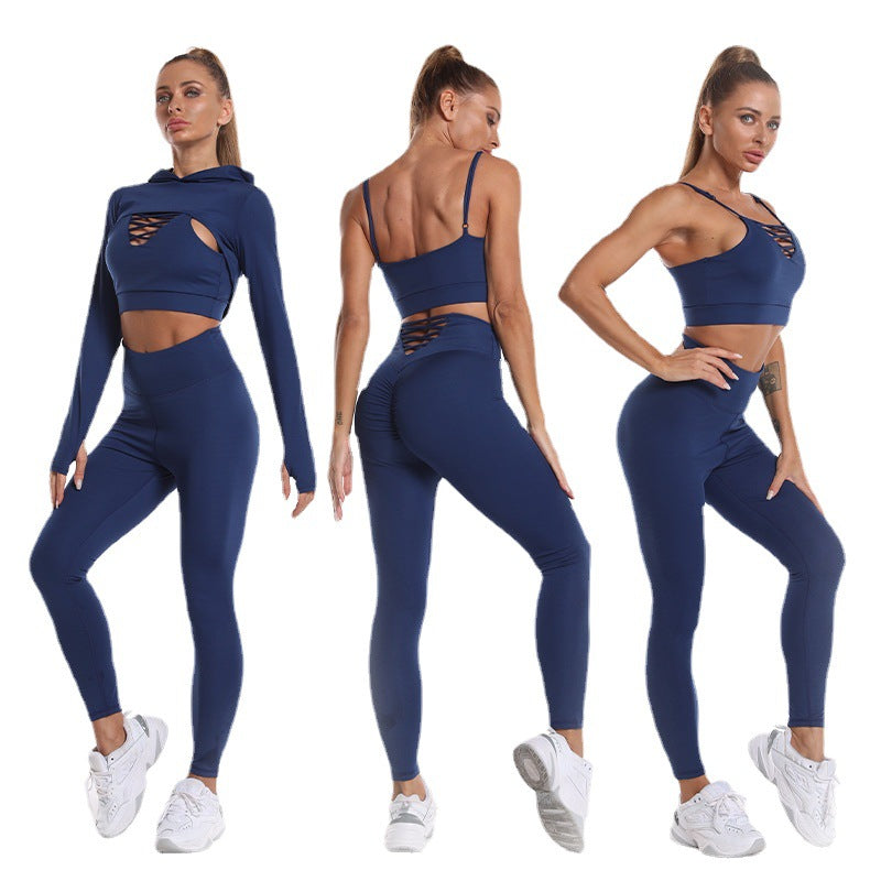 3pcs Sports Suits Long Sleeve Hooded Top Hollow Design Camisole And Butt Lifting High Waist