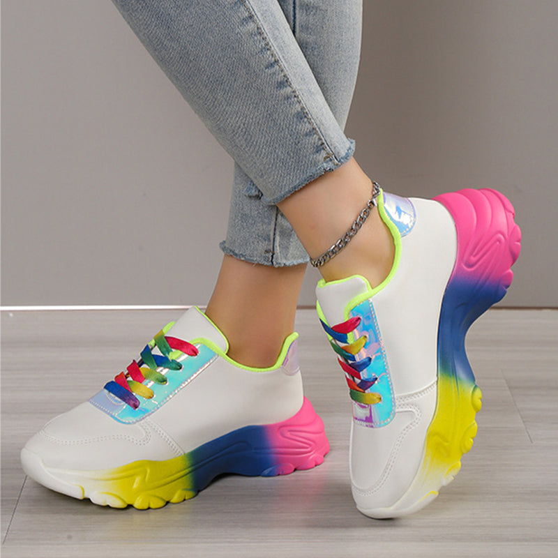 Style Rainbow Colour Sports Shoes For Women Thick Bottom Lace-up Sneakers Fashion Casual Lightweight Running Walking Shoes