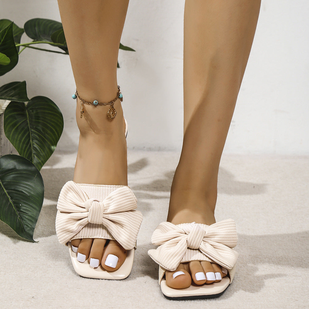 Bow-knot Slippers Outdoor Flat Beach Shoes Square Toe Sandals