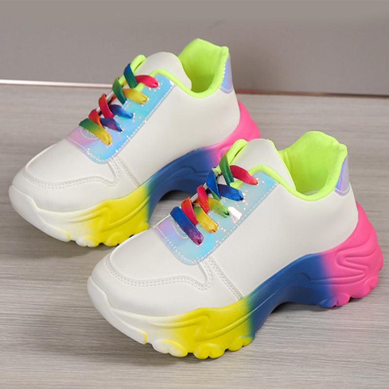 Style Rainbow Colour Sports Shoes For Women Thick Bottom Lace-up Sneakers Fashion Casual Lightweight Running Walking Shoes