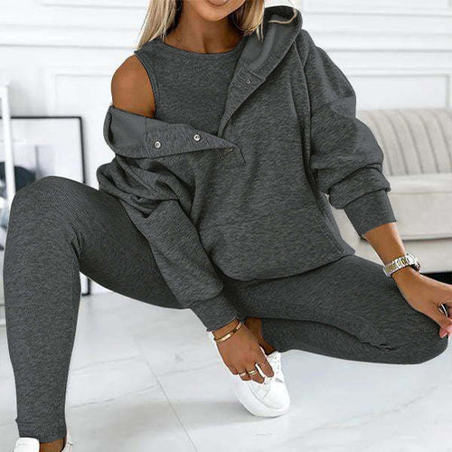 Load image into Gallery viewer, 3pcs Women&#39;s Sports Suit Loose Hooded Pockets Sweatshirt And Vest And Slim Trousers
