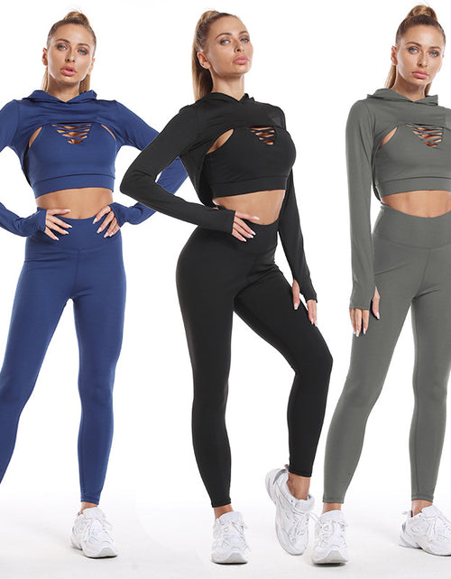 Load image into Gallery viewer, 3pcs Sports Suits Long Sleeve Hooded Top Hollow Design Camisole And Butt Lifting High Waist
