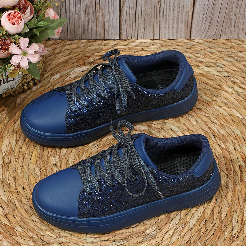 Glitter Sequin Design Flats Shoes Women Trendy Casual Thick-soled Lace-up Sneakers Fashion Shoes