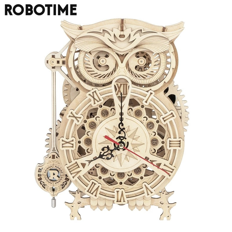 Robotime Rokr Creative DIY Toys 3D Owl Wooden Clock Building Block Kits Gifts Home Decoration