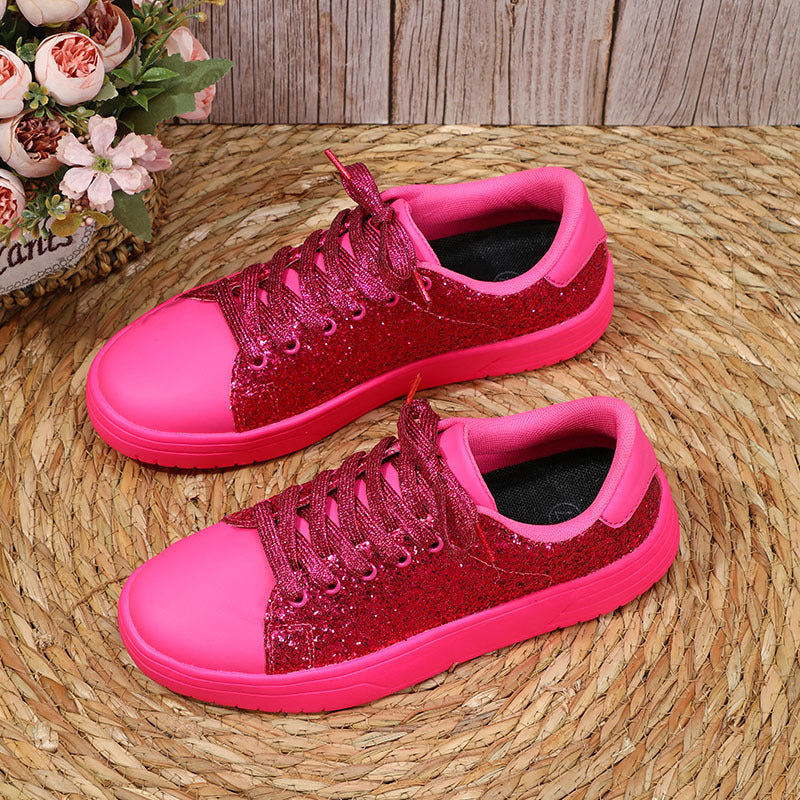 Glitter Sequin Design Flats Shoes Women Trendy Casual Thick-soled Lace-up Sneakers Fashion Shoes