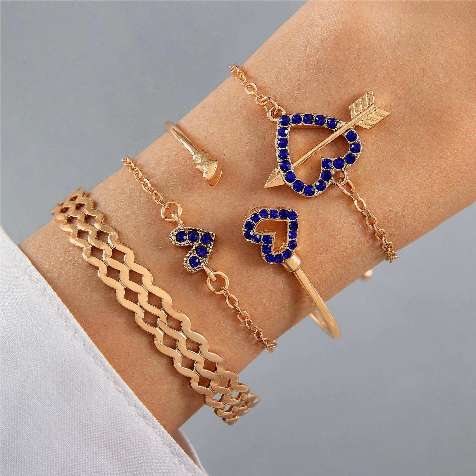 4pcs Blue Flower Love Butterfly Bracelet Set With Rhinestones Design