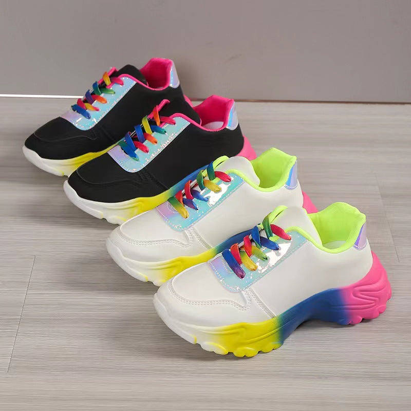 Style Rainbow Colour Sports Shoes For Women Thick Bottom Lace-up Sneakers Fashion Casual Lightweight Running Walking Shoes