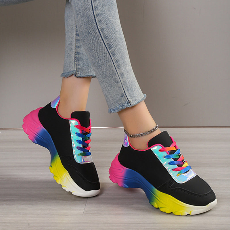 Style Rainbow Colour Sports Shoes For Women Thick Bottom Lace-up Sneakers Fashion Casual Lightweight Running Walking Shoes