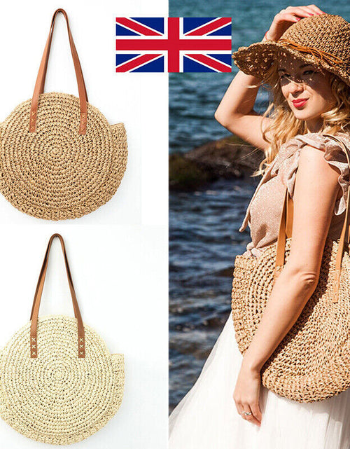 Load image into Gallery viewer, Women Boho Woven Handbag Summer Beach Tote Straw Bag Round Rattan Shoulder
