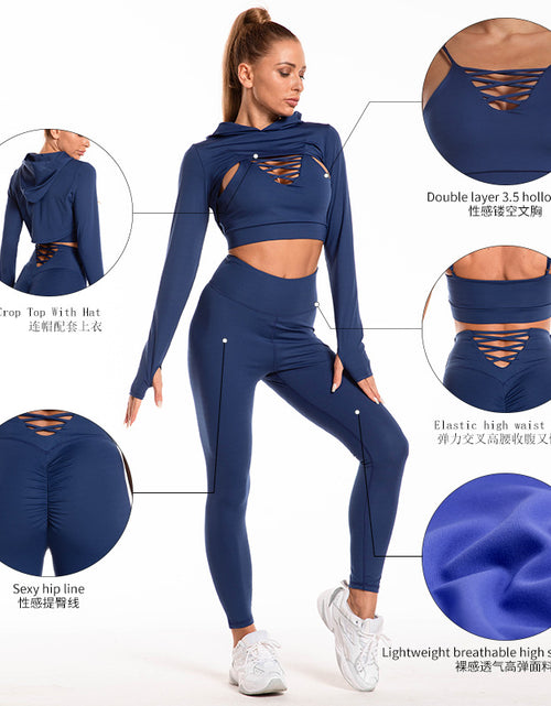 Load image into Gallery viewer, 3pcs Sports Suits Long Sleeve Hooded Top Hollow Design Camisole And Butt Lifting High Waist
