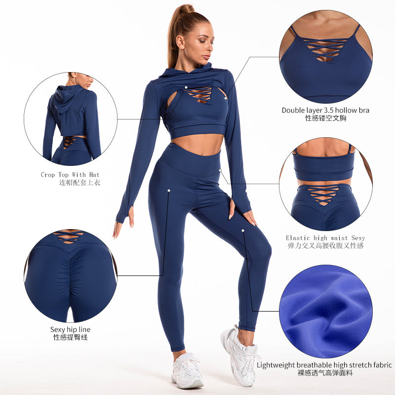 3pcs Sports Suits Long Sleeve Hooded Top Hollow Design Camisole And Butt Lifting High Waist