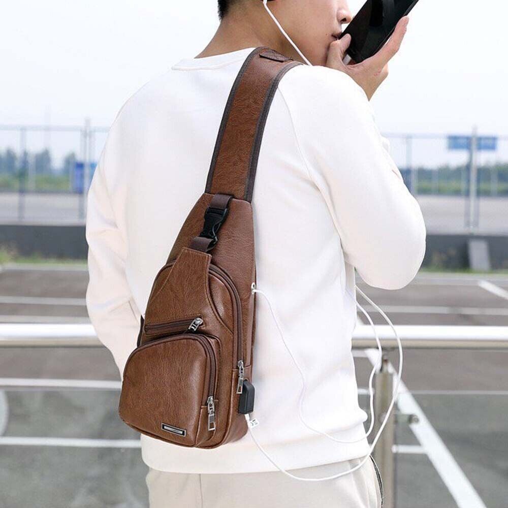 Men Chest Bag PU Shoulder Sling Backpack Pack Travel Sport Cross Body Bags